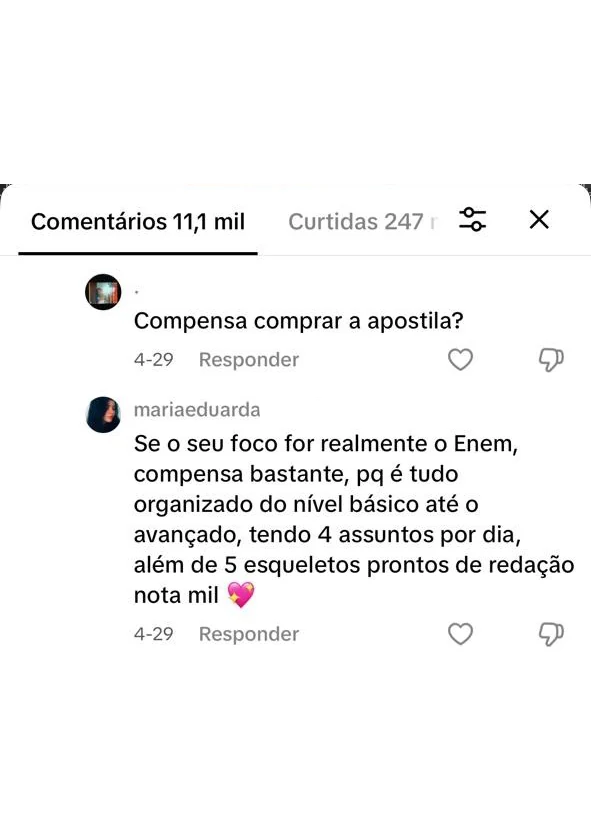 Comentário de estudante recomendando a apostila para o ENEM